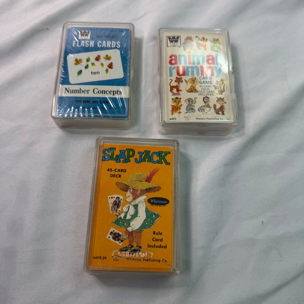 Vintage Whitman Card Games Set Animal Rummy Slap Jack Number Flash Cards